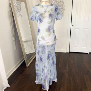 Vintage Whimsygoth Light Blue Sheer Mesh Rose Floral Maxi Dress S